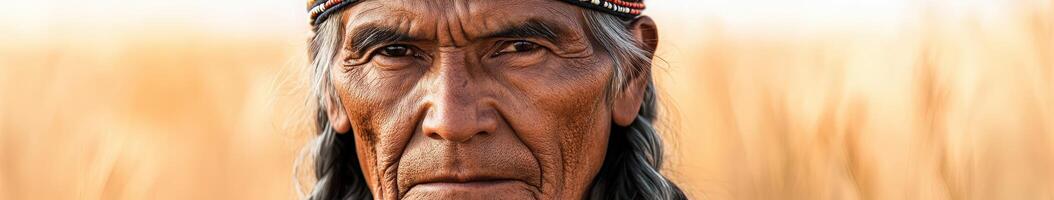 Elderly man in traditional attire with intense gaze in natural setting photo