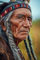 Elderly indigenous man with traditional attire in natural setting photo