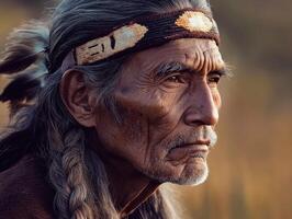 Portrait of an Elderly Man in Traditional Native Attire at Sunrise photo