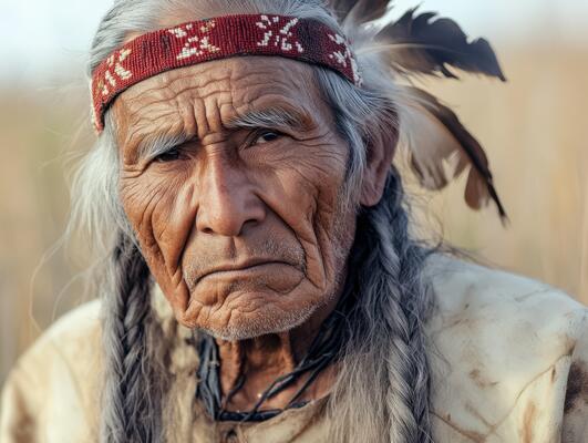 Elder native with traditional attire and feathered headdress in a field