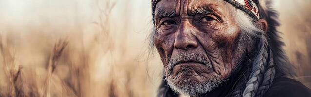 Elderly man with long braids gazes thoughtfully into the distance at sunset photo
