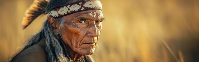Elderly man in traditional attire shows wisdom and strength in nature background photo