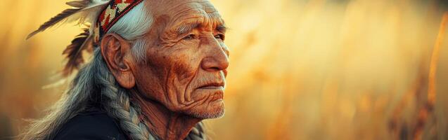 Elderly man in traditional attire reflecting in golden field at sunset photo