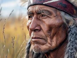 Portrait of a Native American elder in a natural landscape during golden hour photo
