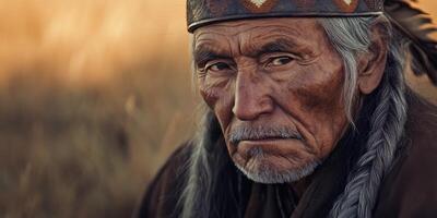 Portrait of an Indigenous elder with deep expression during sunset photo
