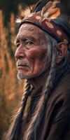 Elderly man wearing traditional attire in a natural setting at sunset photo