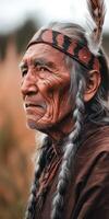 Elderly man with traditional attire and feathered headband in natural setting photo