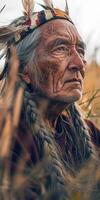 Elderly man in traditional attire reflecting in a golden field at sunset photo