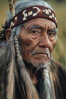 Elderly Native American man wearing traditional attire in natural setting photo