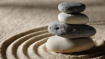 Stacked stones create a calming design in raked sand at a serene garden photo