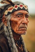 Elderly indigenous man with braids and headband standing in natural setting photo