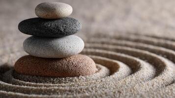 Balanced stones on a patterned sand surface create a tranquil atmosphere photo