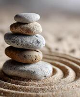 Stones arranged in a stack on fine sand creating a tranquil landscape photo