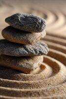 Calm stones arranged on rippled sand in a tranquil setting photo
