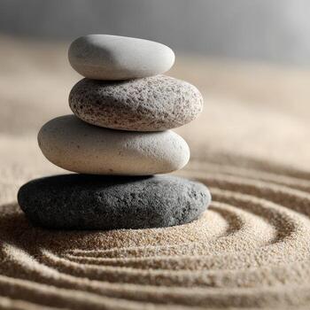 Balanced stones create calm in a serene sand setting photo