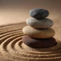 Balancing stones create harmony in a tranquil desert landscape photo