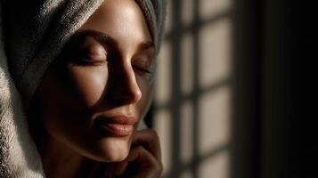 Relaxing moment captured with soft light and serene expression indoors photo