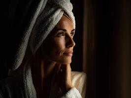 Woman in towel gazes thoughtfully near window during morning light photo