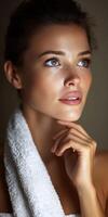 Woman with radiant skin and towel looking thoughtfully into the distance photo
