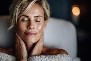 Relaxing woman enjoying a moment of serenity at home in warm lighting photo