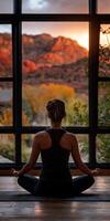 Meditation practice with a sunset view in a serene environment photo