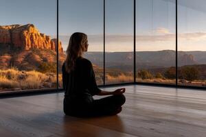 Meditating woman enjoys sunset view from modern glass-walled room photo