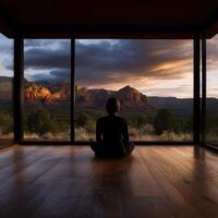 Meditation at sunset overlooking stunning mountain landscape in serene setting photo