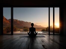 Silhouette of a person meditating at sunset in a tranquil desert setting photo