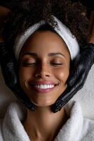 Spa treatment makes a woman feel relaxed and rejuvenated in a calming atmosphere photo