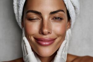 Woman enjoying spa treatment while smiling in a serene environment photo