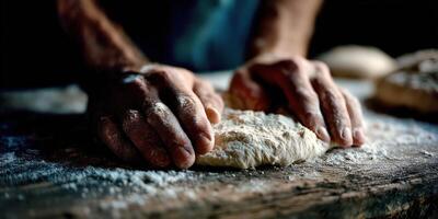 Hands kneading dough on a table photo