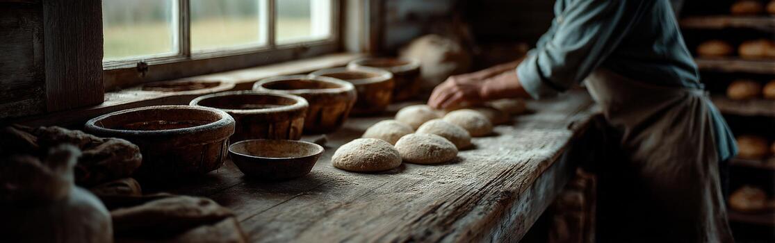 Baker preparing artisan bread in workshop during daylight hours photo