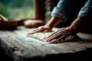 Home baker kneads fresh dough in rustic kitchen during afternoon light photo