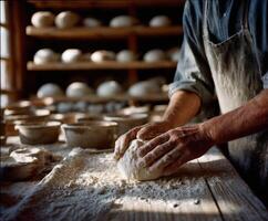 Artisan baker kneads dough in a rustic bakery during daylight hours photo