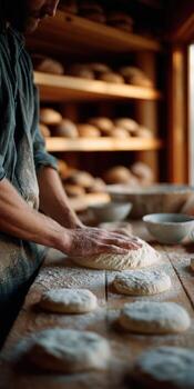 A man is kneading dough on a table photo