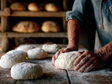 Artisan baker kneads fresh dough in rustic workshop at dawn photo