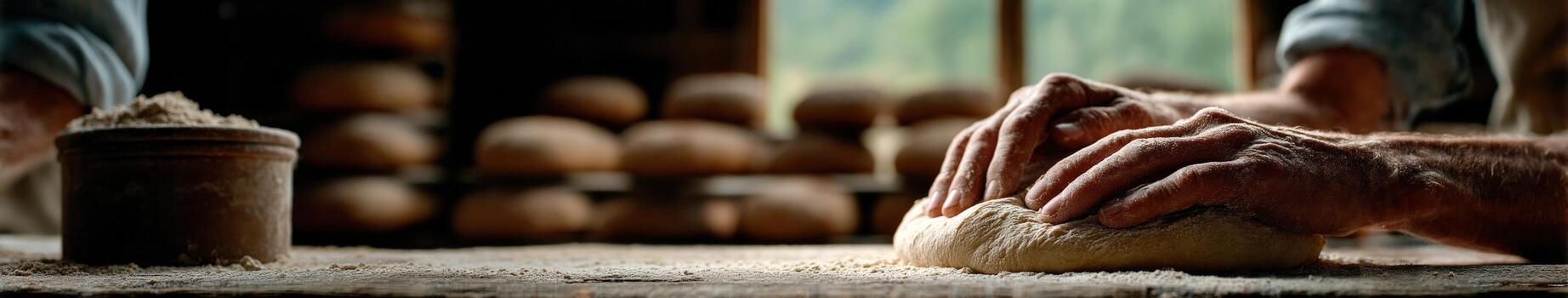 Artisan baker kneading dough in rustic bakery at dawn photo