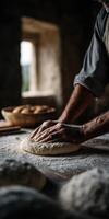 Mastering the craft of bread making in a rustic kitchen environment photo