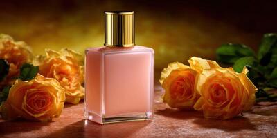 Elegant perfume bottle surrounded by vibrant yellow roses in soft light photo