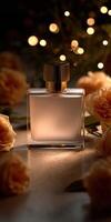 Elegant glass perfume bottle surrounded by soft roses and warm lights photo