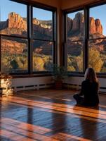 Morning meditation with a view of red rock formations in Sedona photo