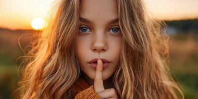 Young girl with flowing hair making a shushing gesture at sunset photo