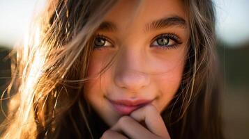 Portrait of a girl with sparkling blue eyes against a sunset background photo