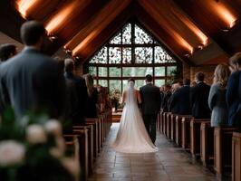 Elegant wedding ceremony in a charming chapel surrounded by guests photo