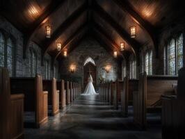 Bride stands at the altar in an elegant stone church during the ceremony photo