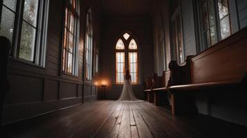 Bride standing by large windows in an old chapel during a rainy day photo