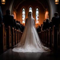 Bride stands in church preparing for wedding ceremony surrounded by guests photo