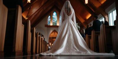 Bride walks down aisle in charming chapel during intimate wedding ceremony photo
