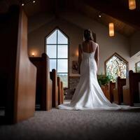 Bride preparing for wedding ceremony in a charming chapel setting photo