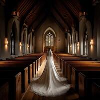 Stunning bride walks down the aisle in a historic chapel at sunset photo
